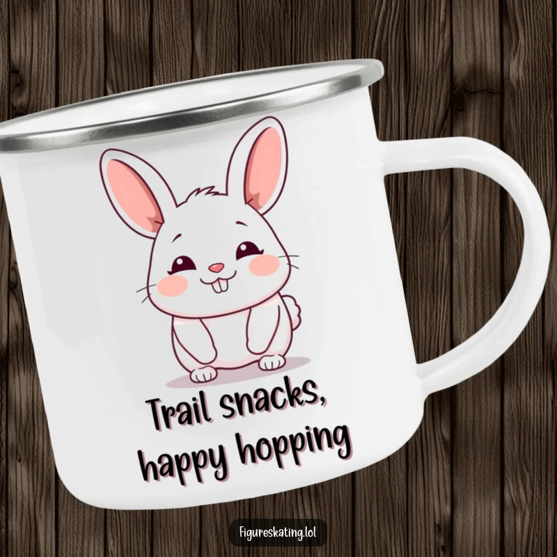 Funny Bunny Camping Mug with a chubby cartoon bunny gliding forward with a happy sigh, ideal for outdoor enthusiasts.