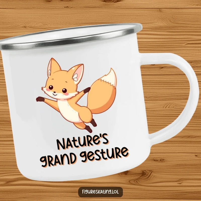 Funny fox camping mug showing a curious fox in an elegant arabesque pose, arm extended, for stylish outdoor enjoyment.