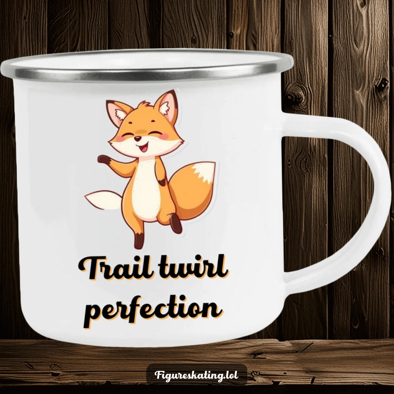 Funny camping mug featuring a delighted fox smiling and twirling gracefully, perfect for outdoor enthusiasts.