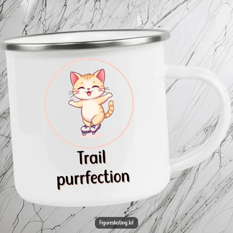 Funny camping mug illustration of a giggling cat skating gracefully in a wide circle, perfect for outdoor amusement.