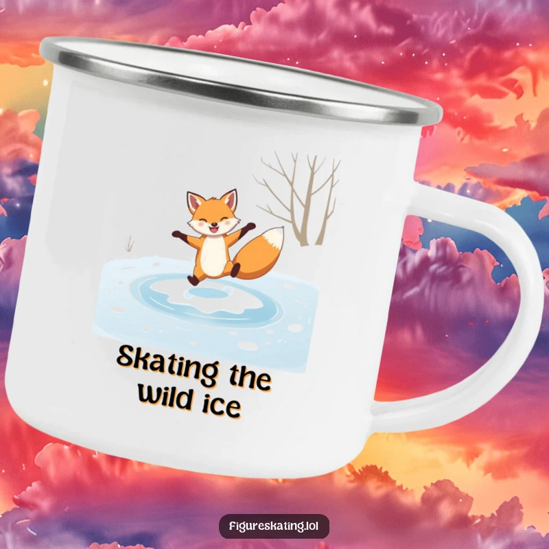 Funny camping mug, grinning fox performing a graceful spin on a frozen pond, for humorous outdoor exploration.