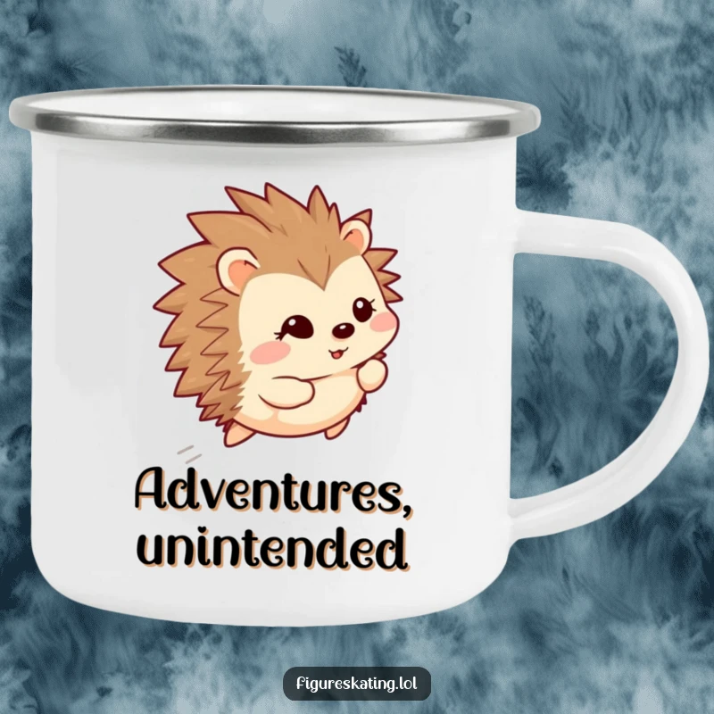 Funny happy hedgehog gliding backward with a shy smile on a rugged camping mug, ideal for outdoor enjoyment.