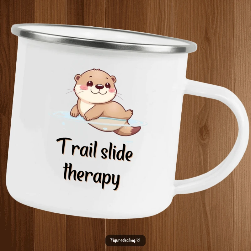 Funny camping mug with a playful otter sliding on a glassy surface, designed for outdoor adventures and cheerful moments.