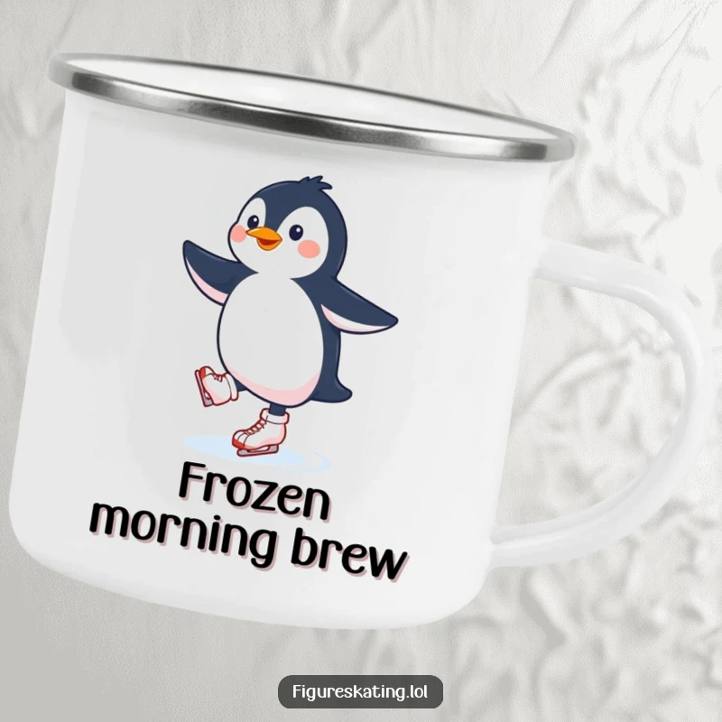 Funny penguin ice skating camping mug showing a happy penguin enjoying a skate, perfect for hot beverages on the go.