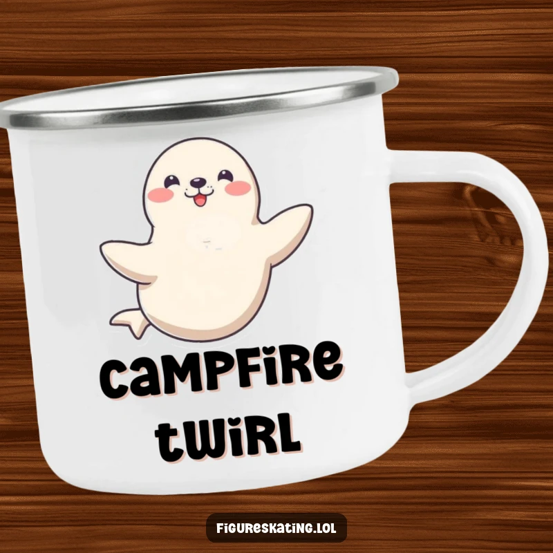 Funny camping mug featuring a happy seal spinning gracefully on one flipper, perfect for enjoying drinks outdoors with a show.
