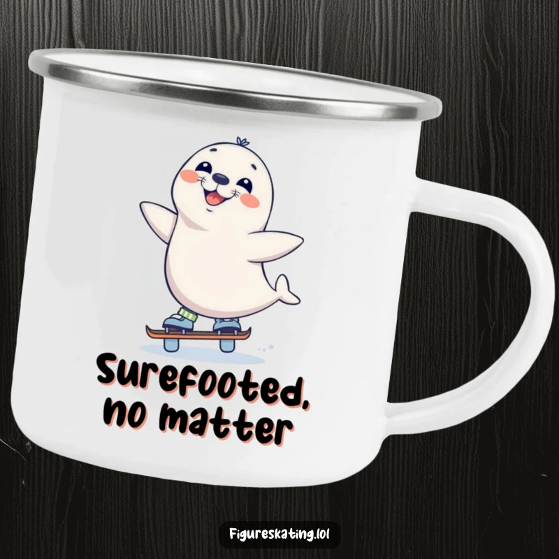 Funny Seal Skate Camping Mug, depicting a curious seal balancing on one skate with a wide grin, perfect for outdoor drinks with humor.