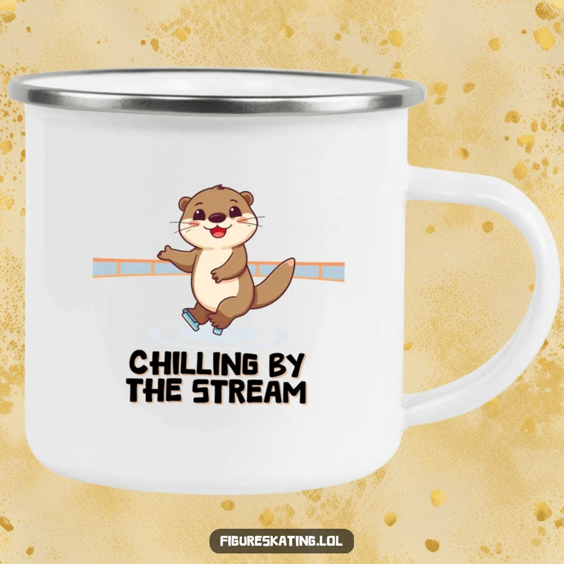 Funny camping mug with a joyful otter spinning elegantly on ice, great for outdoor elegance and humor.