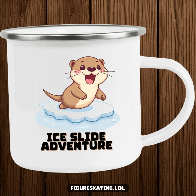 Funny camping mug illustration of an excited otter sliding with a flourish across ice, perfect for outdoor fun.