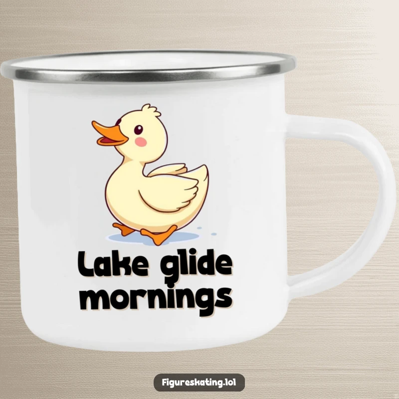 Funny camping mug with a happy duck gliding forward, bringing cheer to outdoor drinks and adventures.