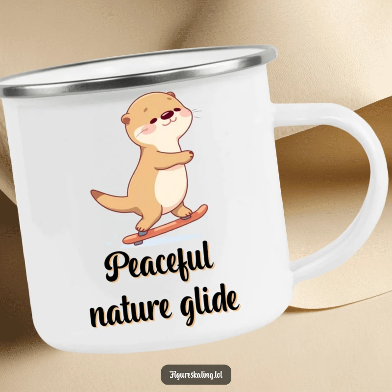 Funny Otter Gliding Camping Mug: A graceful otter gliding backwards on skates, perfect for outdoor sipping.