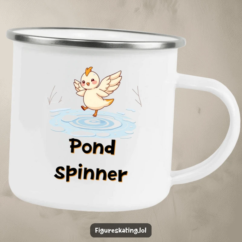 Funny camping mug featuring a cheerful, winged creature elegantly twirling on a frozen pond, perfect for outdoor magic.