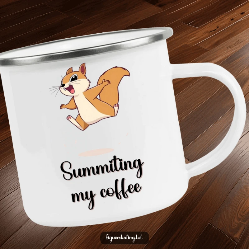 Funny squirrel camping mug showing a determined squirrel leaping energetically, perfect for outdoor enthusiasts who enjoy humor and durability.