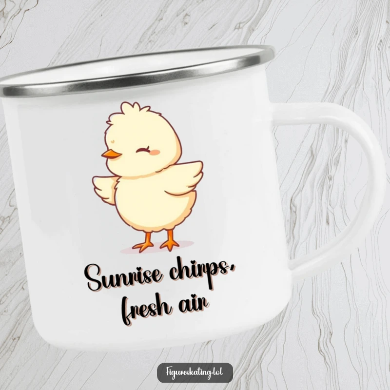Funny Chick Camping Mug with a fluffy cartoon chick pirouetting with eyes closed in concentration, ideal for outdoor enthusiasts.