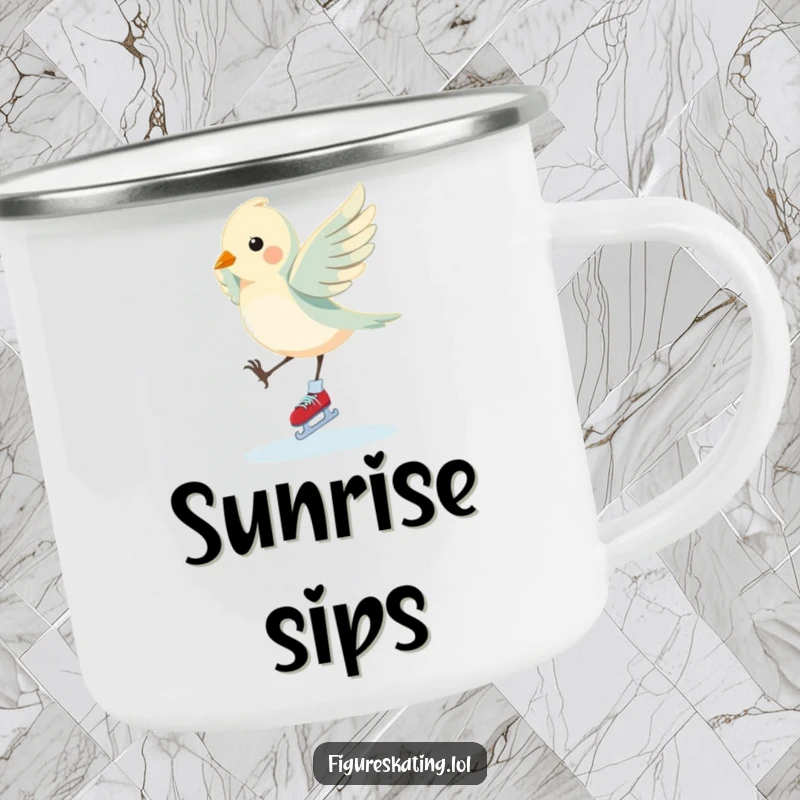 Funny Bird Camping Mug: A fluttering bird performs an elegant pirouette on ice skates, perfect for outdoor elegance and making a sweet funny gift.
