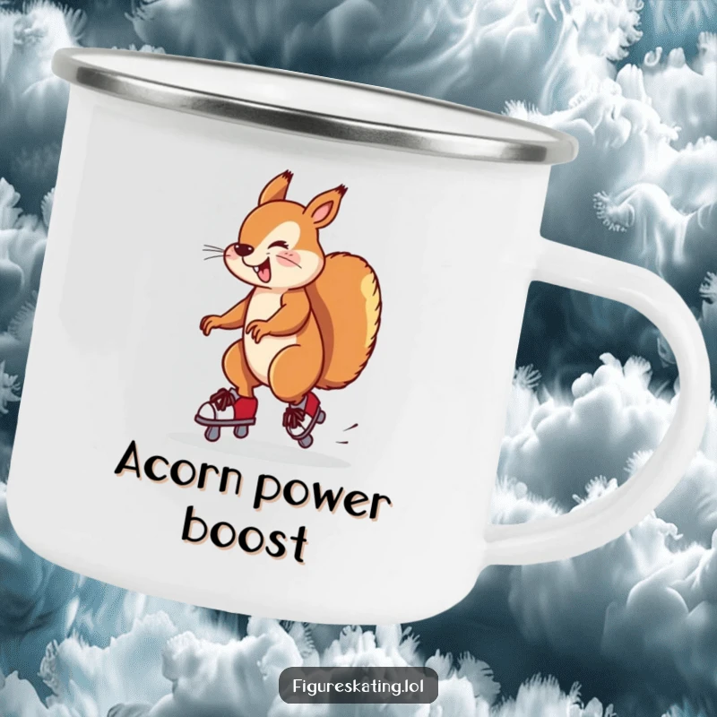 Funny camping mug with a silly squirrel twirling precariously on ice skates. Ideal for nature lovers.