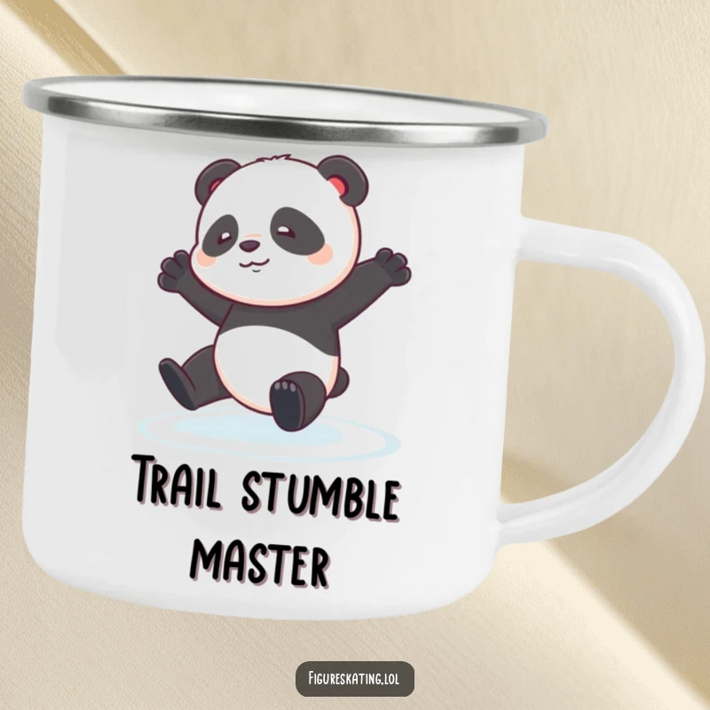 Funny Panda Pirouette Camping Mug: A contented panda cub stumbling slightly during an ice pirouette, perfect for outdoor sipping.