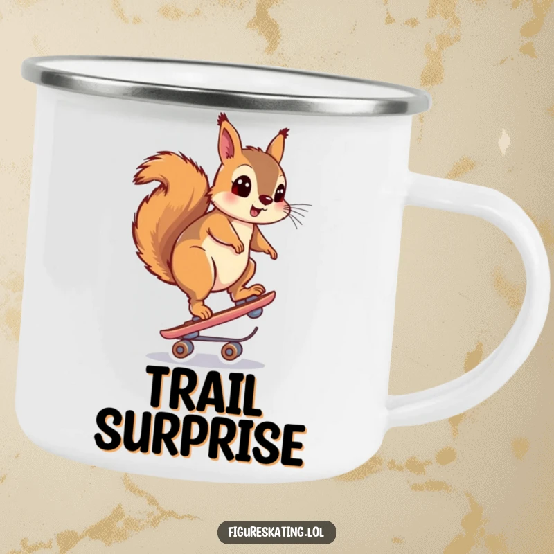 Funny camping mug depicting a squirrel looking surprised while balancing on a skate, perfect for outdoor enjoyment.