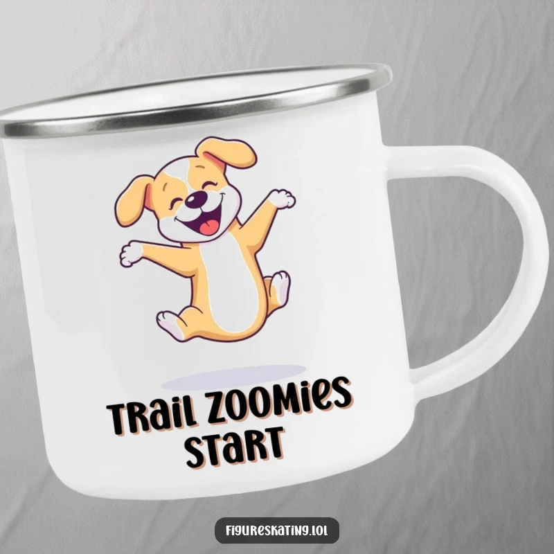 Funny dog ice skating camping mug showing a playful dog doing a triple axel, perfect for hot beverages during outdoor escapades.