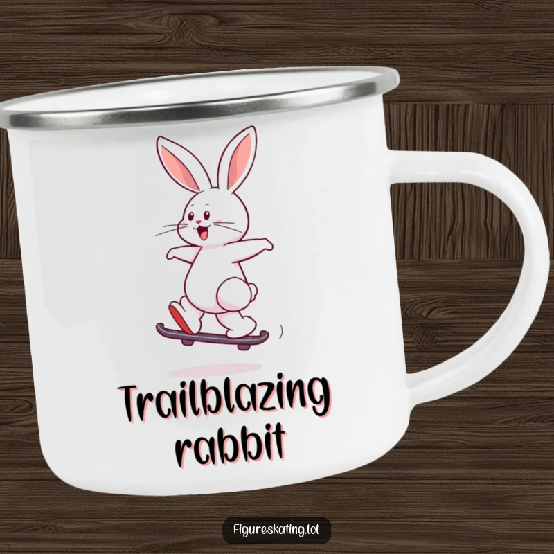 Funny camping mug featuring a playful rabbit joyfully leaping while skating backward, perfect for outdoor enthusiasts.