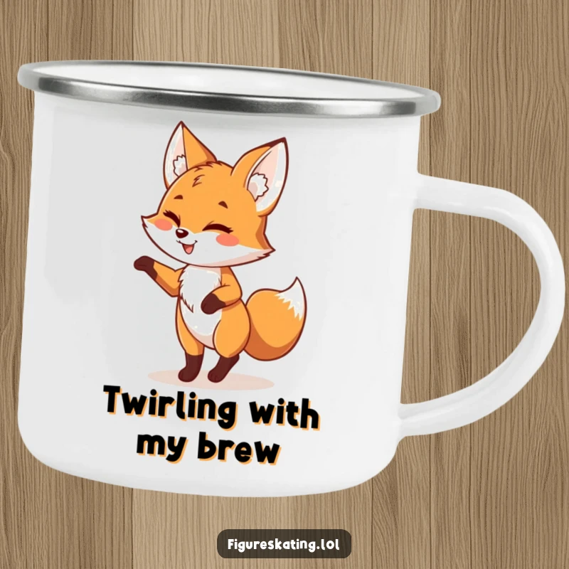 Funny fox camping mug featuring a playful fox mid-pirouette with a wink, perfect for outdoor enthusiasts who appreciate fun designs.