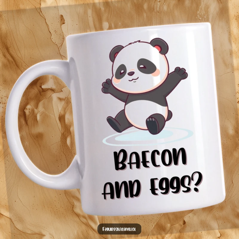 Funny Panda Pirouette Mug: A contented panda cub stumbling slightly during a pirouette on ice, looking endearingly clumsy.