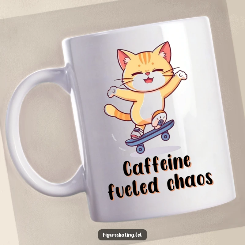 Funny cat ice skating mug showing a determined cat spinning wildly on one skate, capturing hilarious feline focus.