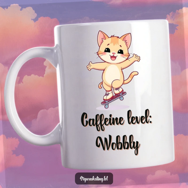 Funny kitten ice skating mug featuring a happy, wobbly kitten attempting an arabesque on a single skate, embodying clumsy charm.
