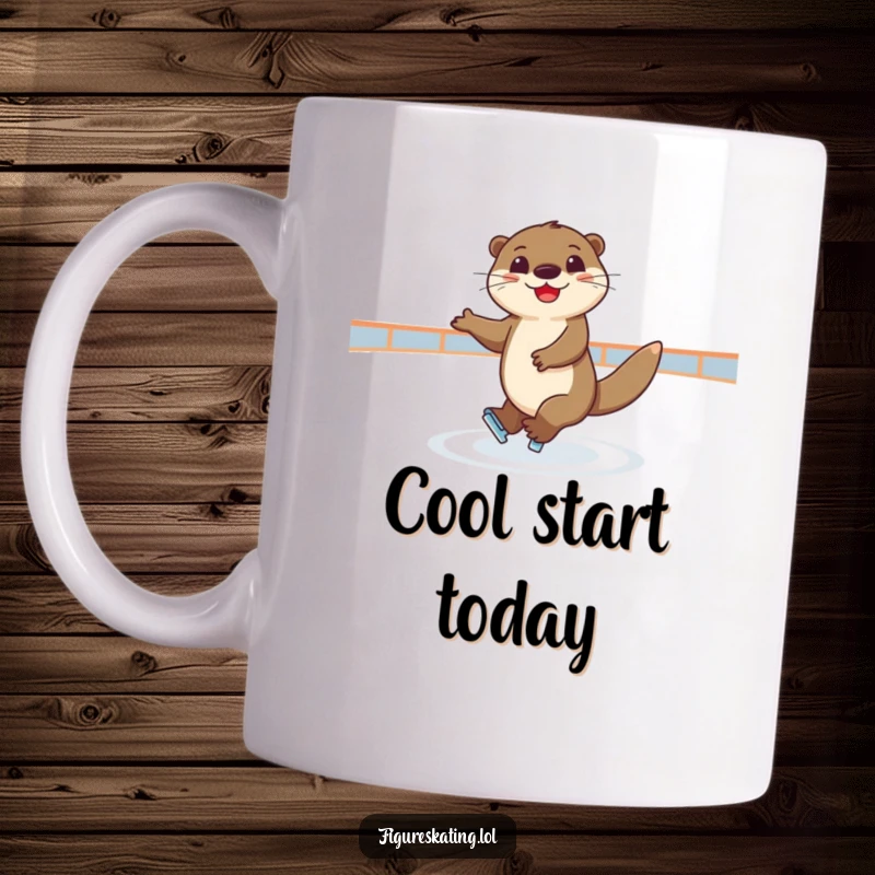 Funny mug showcasing a joyful otter elegantly spinning on an ice rink, radiating grace and playful charm.