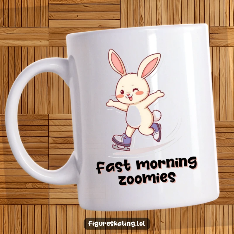 Funny Mug: A giggling rabbit confidently skating in a figure eight with great speed, radiating pure joy and humorous enthusiasm.
