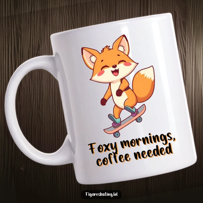 Funny Fox Mug featuring a delighted cartoon fox skating backward with a huge, joyful smile, perfect for coffee drinkers.