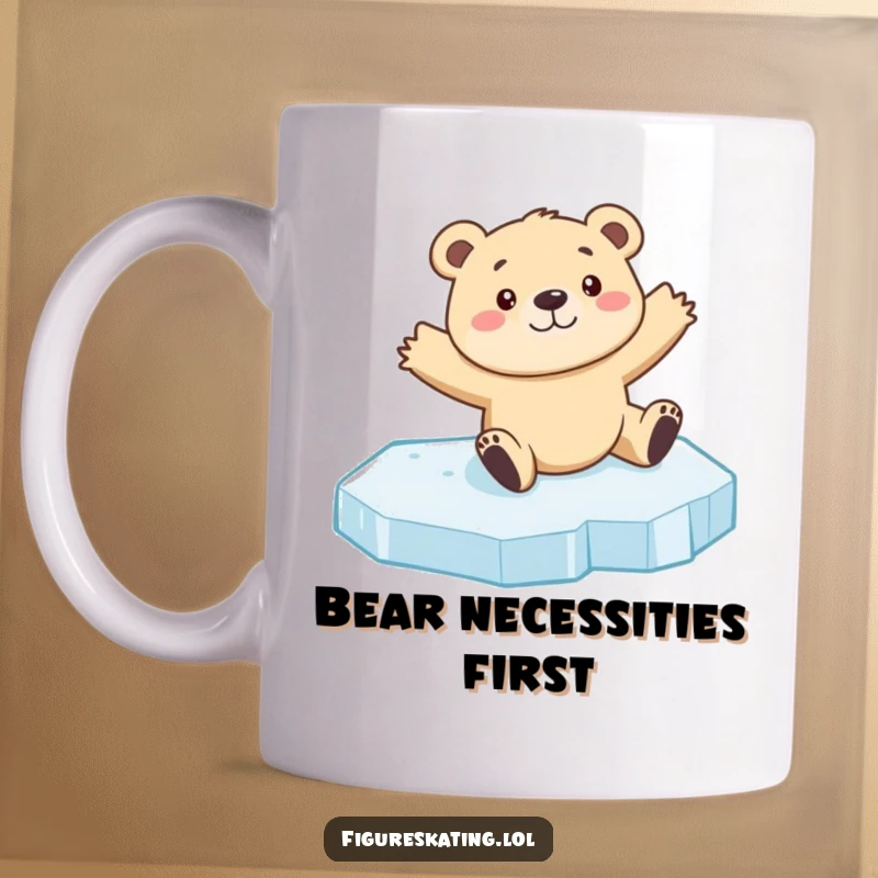 Funny bear cub ice skating mug showing a curious cub sliding on ice with arms outstretched for balance, embodying playful exploration.