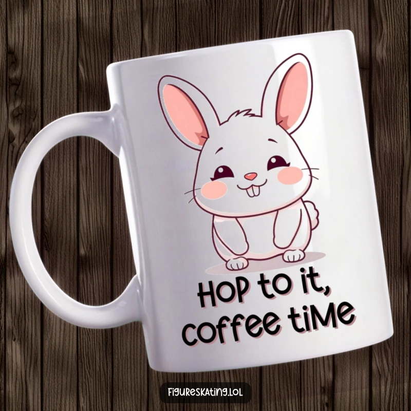 Funny Bunny Mug featuring a chubby cartoon bunny gliding forward with a happy, contented sigh, perfect for coffee lovers.