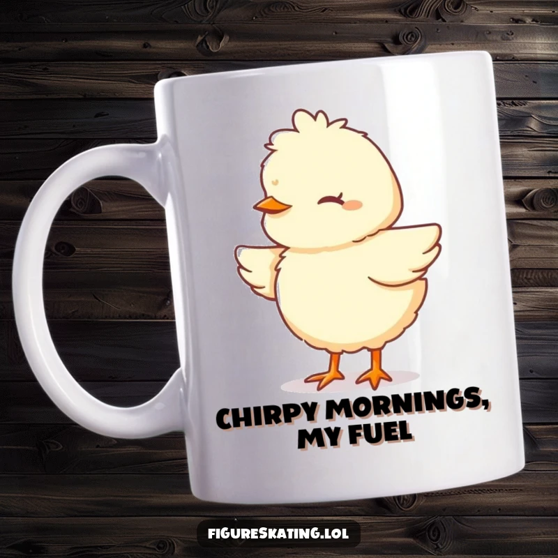 Funny Chick Mug featuring a fluffy cartoon chick pirouetting with eyes closed in intense concentration, perfect for coffee lovers.