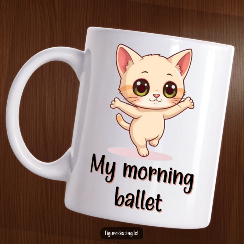 Funny mug featuring a curious cat with wide eyes attempting a delicate pirouette, showing playful wonder and feline charm.