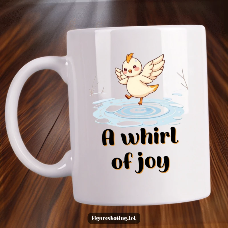 Funny mug featuring a cheerful, winged creature twirling elegantly on a frozen pond, embodying magical grace.