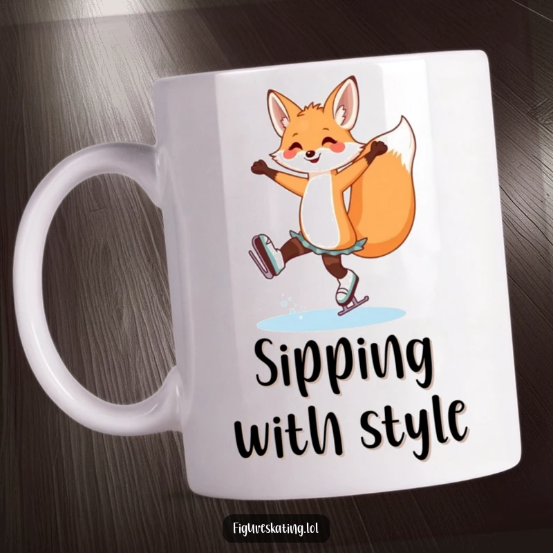 Funny fox ice skating mug featuring a cheerful fox gracefully performing an arabesque on ice skates, embodying artistic flair.