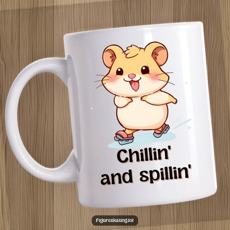 Funny hamster mug featuring a joyful hamster gracefully skating forward, leaving a trail of sparkling icy effects, perfect for winter sports enthusiasts.