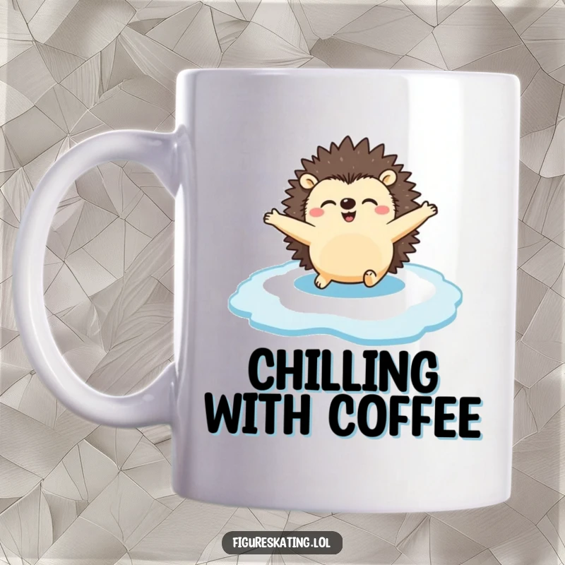 Funny Mug: A happy hedgehog gliding across the ice with arms spread, showcasing pure joy and effortless grace.