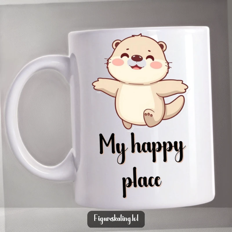 Funny mug featuring a happy, fluffy otter gliding smoothly with arms spread wide, embodying pure bliss and fun on ice.