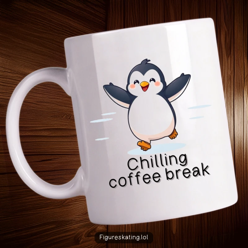 Funny mug featuring a delighted penguin gracefully gliding across an ice rink, arms outstretched in pure, joyful motion.