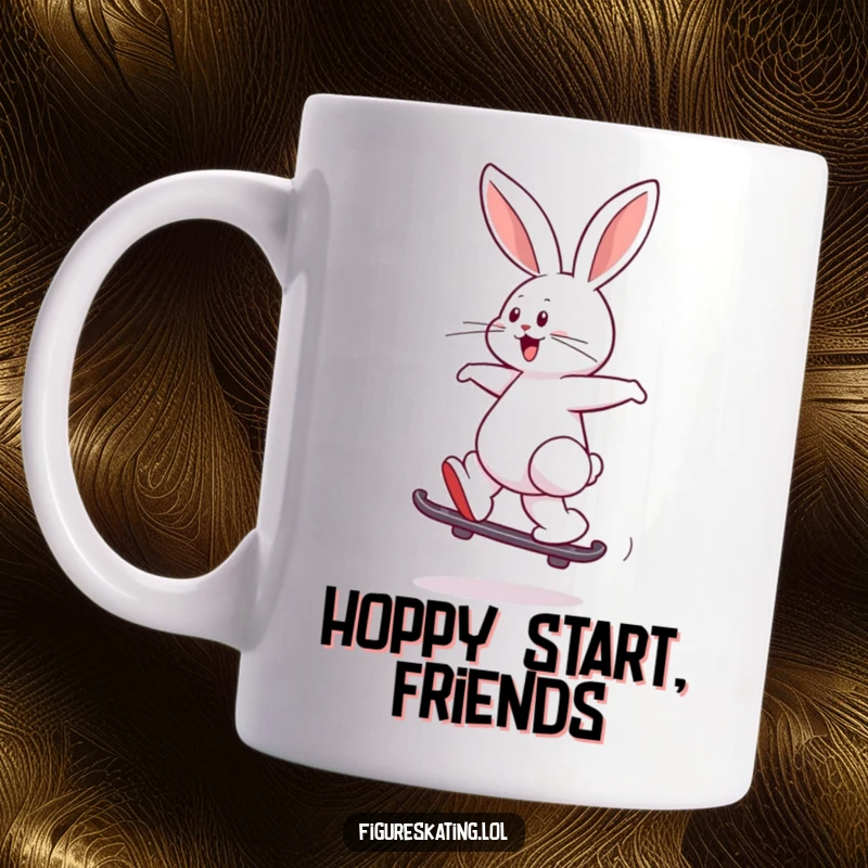 Funny mug featuring a playful rabbit joyfully leaping while skating backward, full of energetic fun.