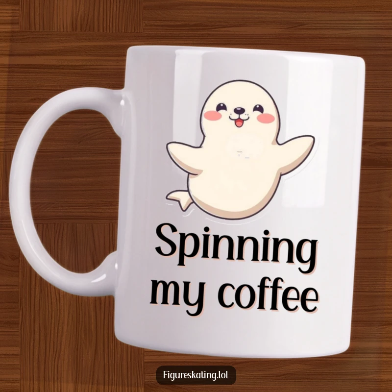 Funny mug showcasing a happy seal performing a graceful spin on a single flipper, radiating pure joy and aquatic talent.