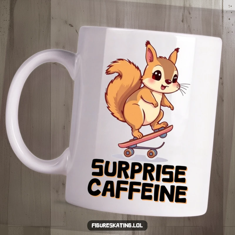 Funny mug showing a squirrel balancing precariously on one skate, with a hilariously surprised expression.