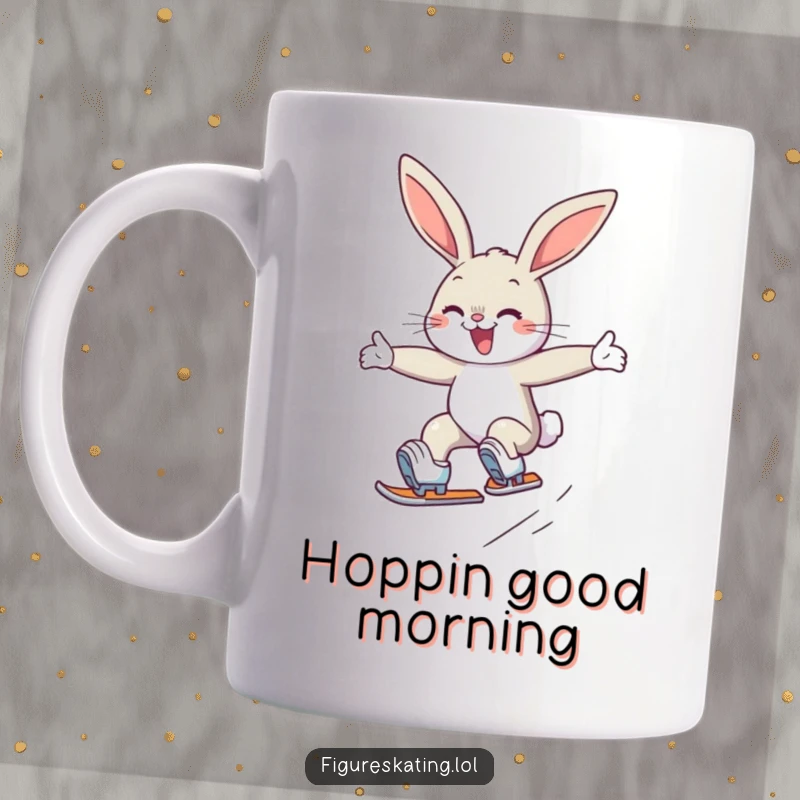 Funny mug featuring a determined, smiling bunny executing a graceful jump on ice skates, showing off athletic prowess.