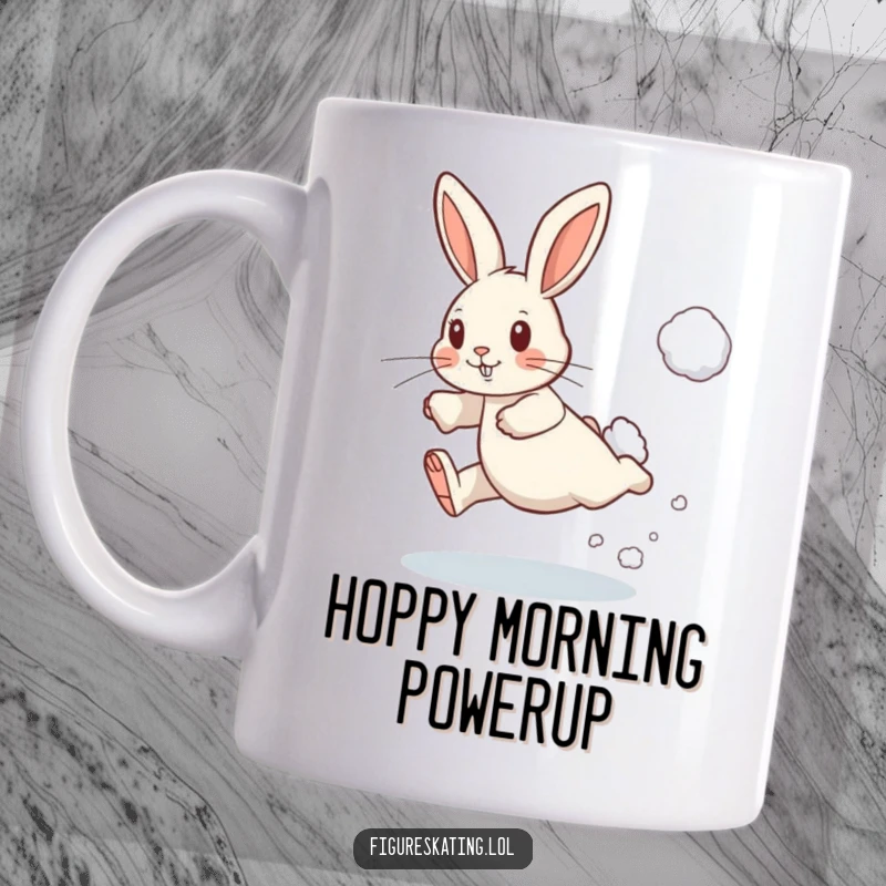 Funny mug showing a determined rabbit leaping with a puff of snow, conveying energy, focus, and winter fun.