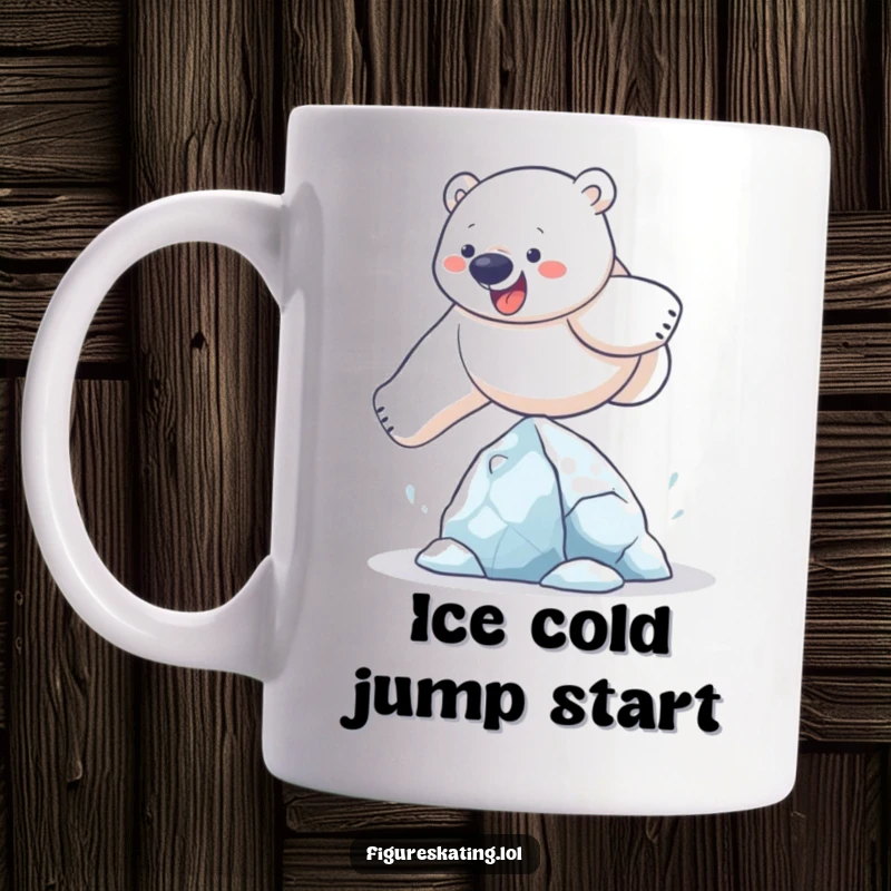 Funny polar bear mug showing a determined bear mid-air, gracefully leaping over a tiny, intricate ice sculpture, showcasing athletic humor.