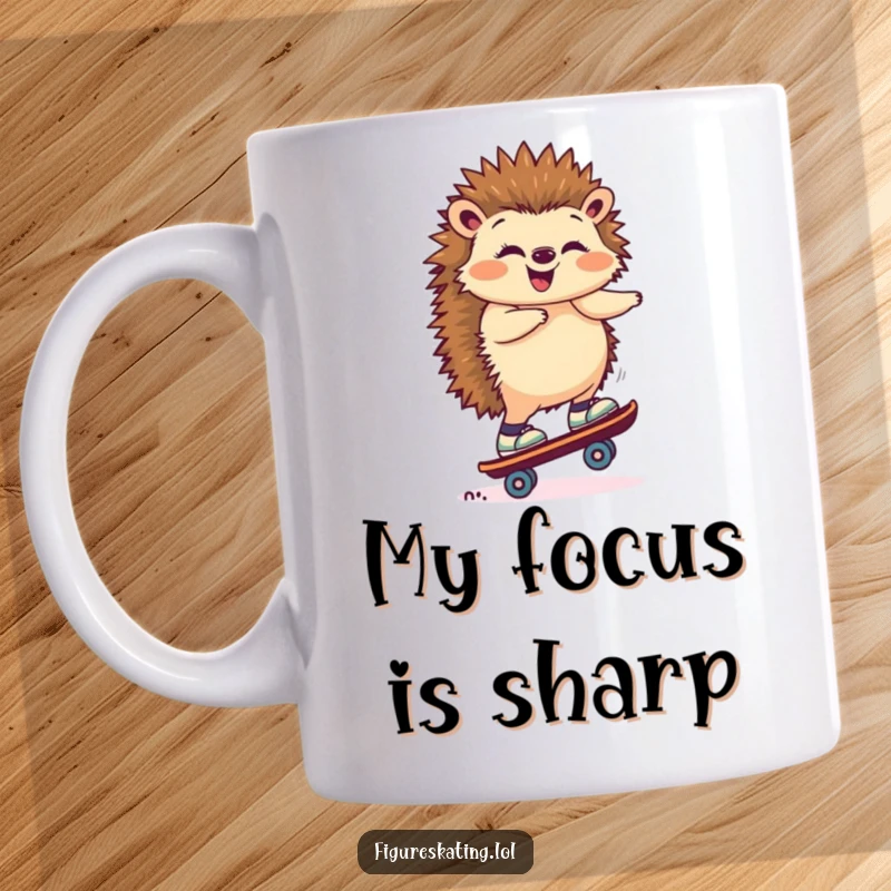 Funny mug showcasing a giggling hedgehog expertly balancing on a single roller skate, radiating pure amusement and skill.