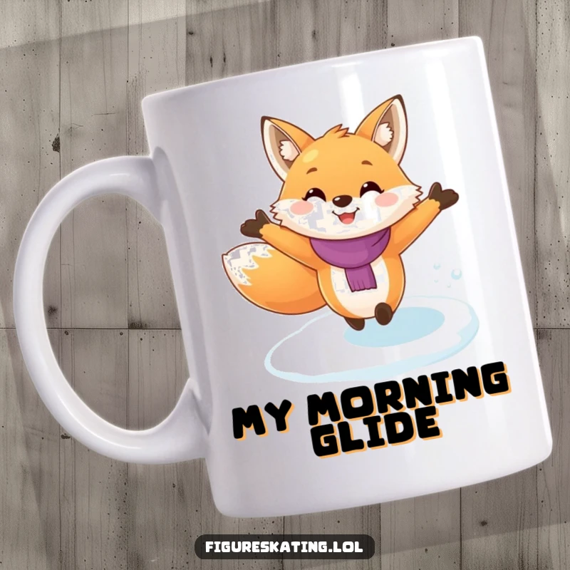 Funny fox ice skating mug with arms outstretched, gliding joyfully across a frozen surface, capturing a moment of pure, hilarious delight.