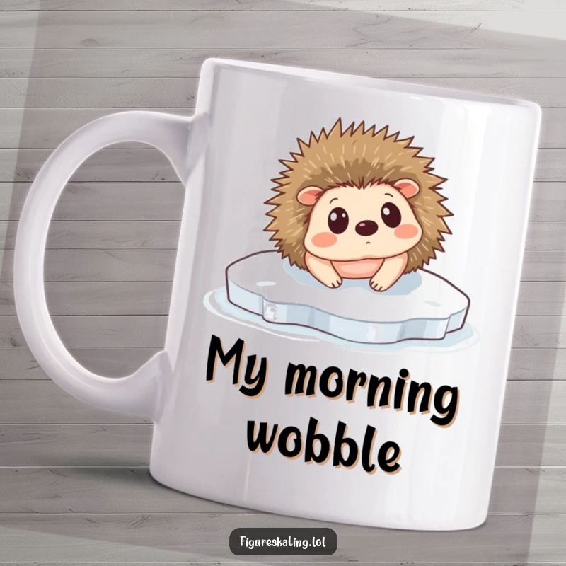 Funny Hedgehog Ice Slip Mug: A tiny hedgehog hilariously slipping on the ice, looking surprised and flustered.