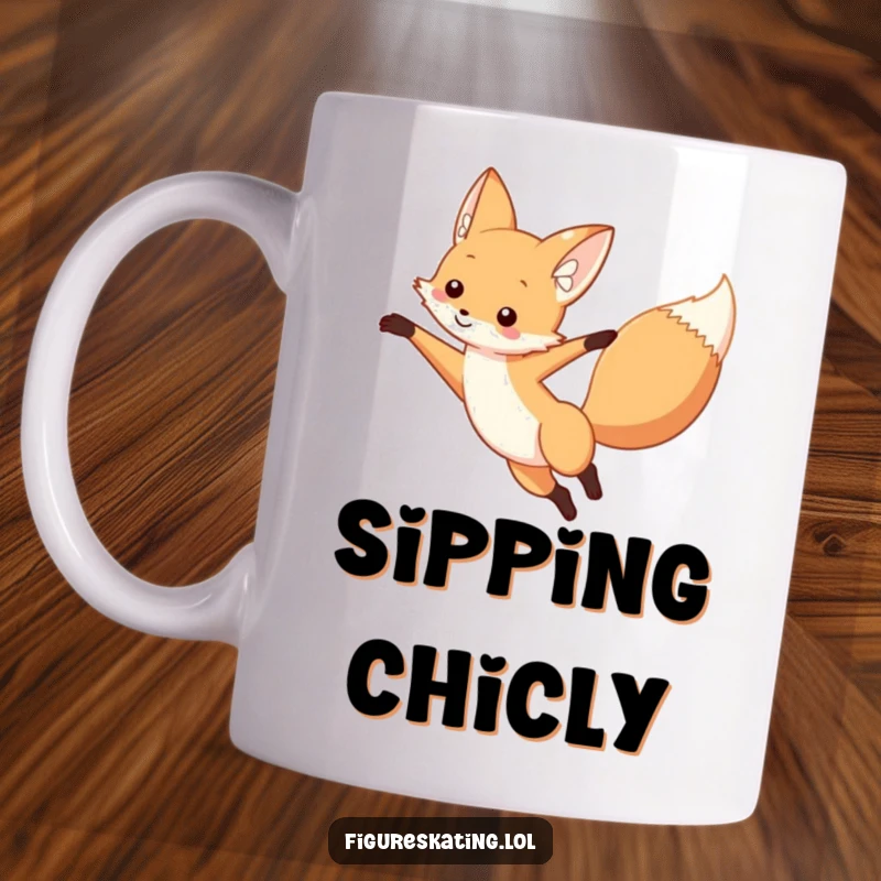 Funny fox mug showing a curious fox elegantly gliding in a perfect arabesque, arm extended, expressing grace and whimsy.